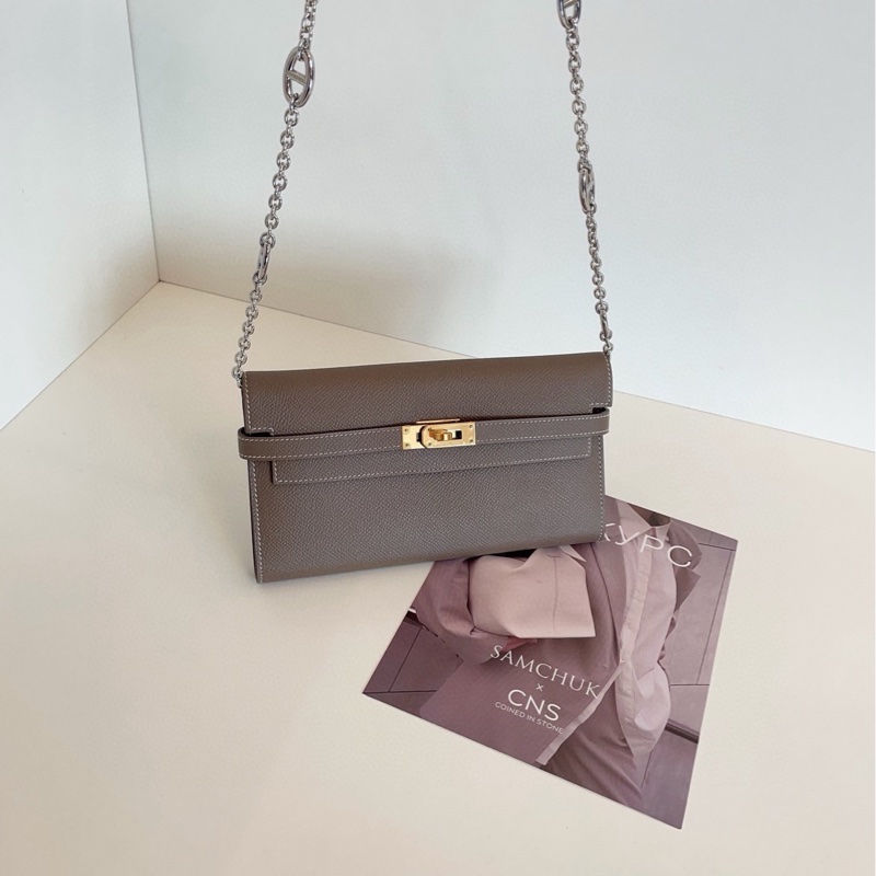 【99新閒置🆕】Hermes 大象灰金扣Kelly Long長錢夾子斜挎包-3
