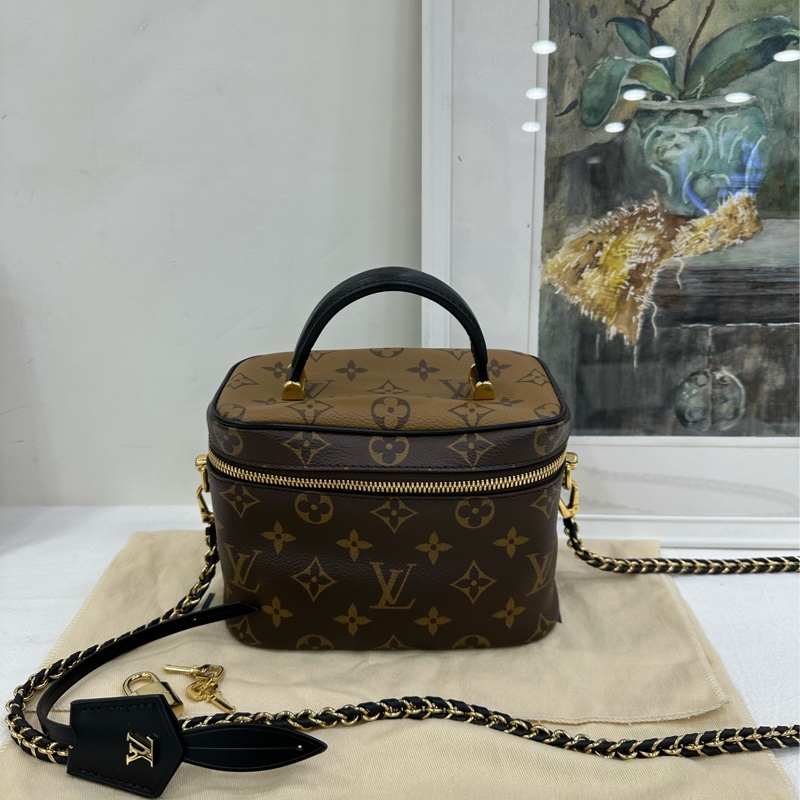 LV路易威登 vanity拼色老花化妝盒包鏈條包 焦糖拼色不擔 20年標+晶片-0