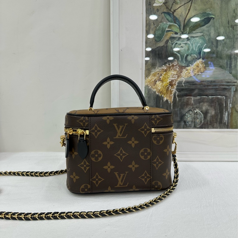 LV路易威登 vanity拼色老花化妝盒包鏈條包 焦糖拼色不擔 20年標+晶片-2