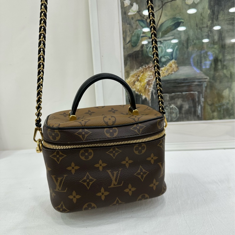 LV路易威登 vanity拼色老花化妝盒包鏈條包 焦糖拼色不擔 20年標+晶片-6