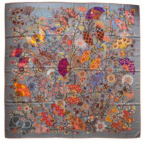 HERMES Fleurs et Papillons de Tissus shawl 140 繁花蝶舞 羊絨 圍巾