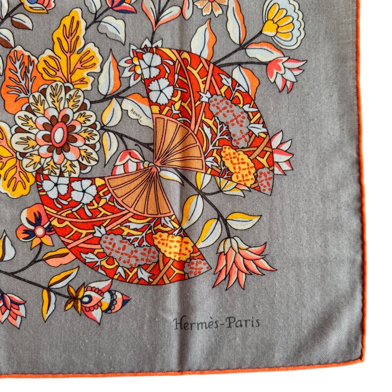 HERMES Fleurs et Papillons de Tissus shawl 140 繁花蝶舞 羊絨 圍巾-2