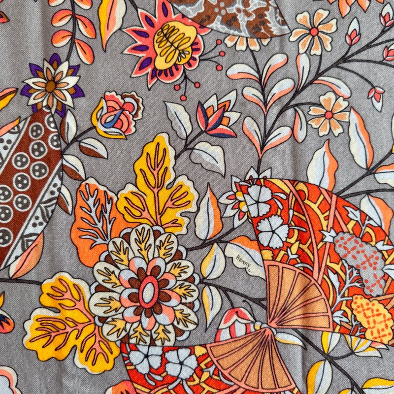 HERMES Fleurs et Papillons de Tissus shawl 140 繁花蝶舞 羊絨 圍巾-3