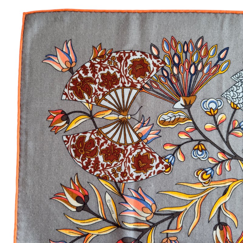 HERMES Fleurs et Papillons de Tissus shawl 140 繁花蝶舞 羊絨 圍巾-4