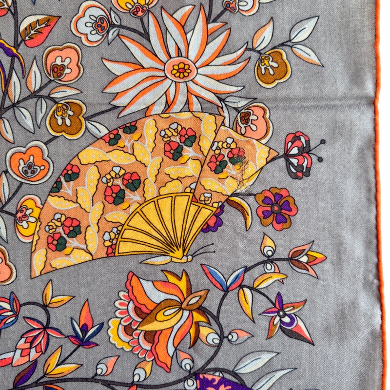HERMES Fleurs et Papillons de Tissus shawl 140 繁花蝶舞 羊絨 圍巾-5