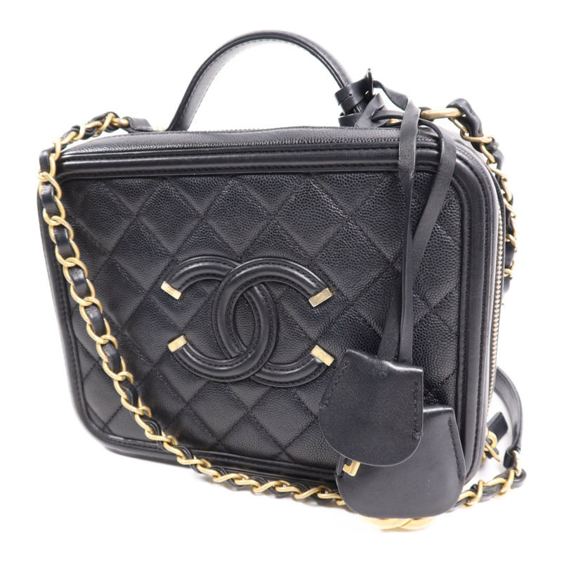 CHANEL 牛皮皮革Filigree Vanity Case金扣鏈帶手挽肩背兩用袋-2