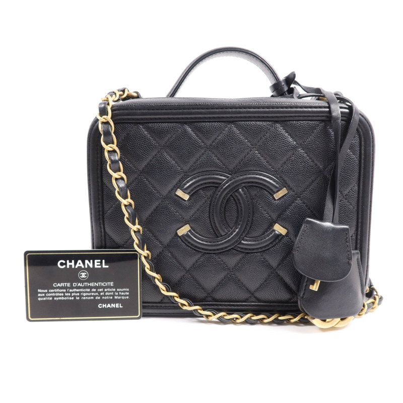 CHANEL 牛皮皮革Filigree Vanity Case金扣鏈帶手挽肩背兩用袋-7