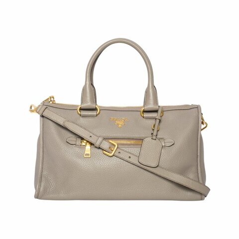 PRADA普拉達Vitello駝色皮革拉鍊托特包