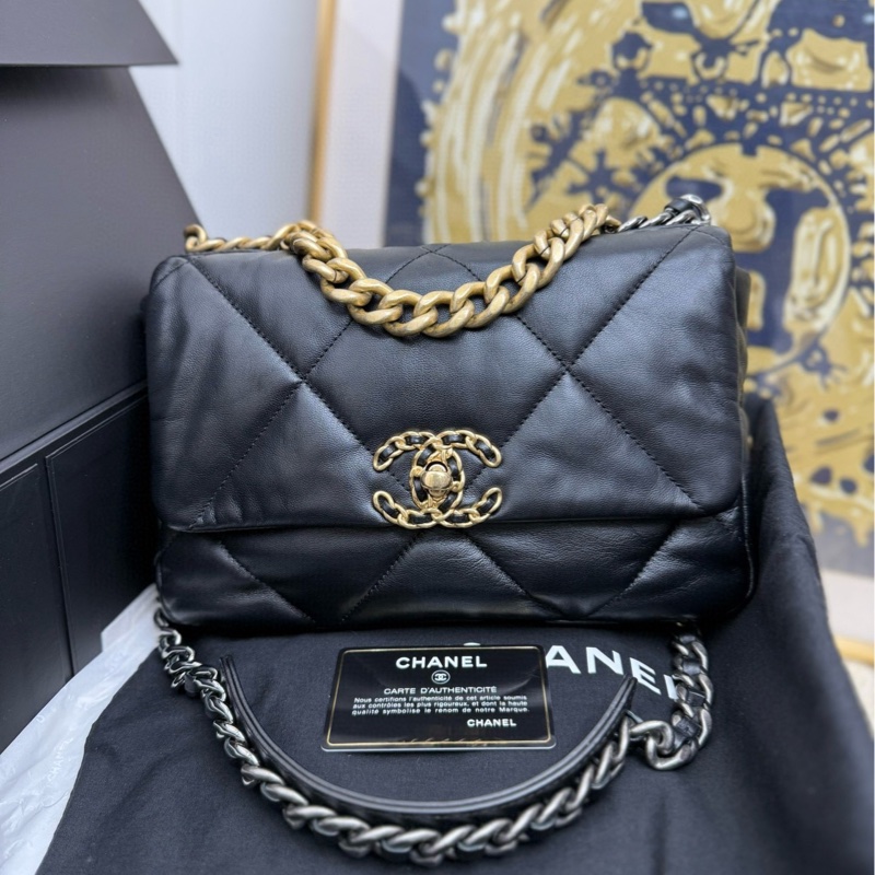 【全套帶票❤️】Chanel 19bag 小號黑色黑扣羊皮 斜挎包 單肩包-0