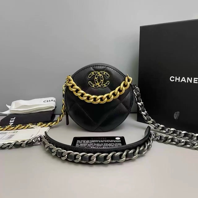 全套配件吊牌!Chanel 香奈兒 19bag 圓餅包 黑金 保卡款-0
