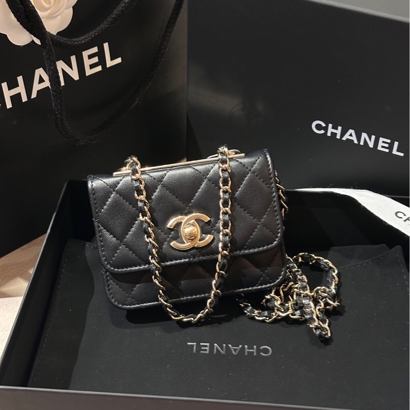 🌷閒置新帶膜！Chanel 香奈兒 trendy cc 橫版 黑金 羊皮 保卡款-0