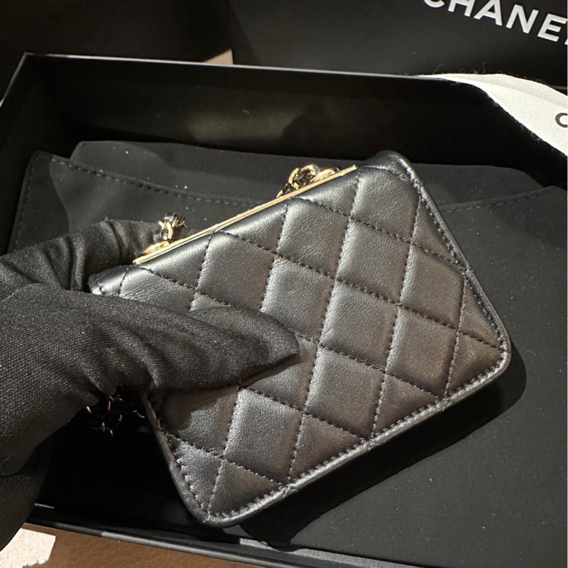 🌷閒置新帶膜！Chanel 香奈兒 trendy cc 橫版 黑金 羊皮 保卡款-4