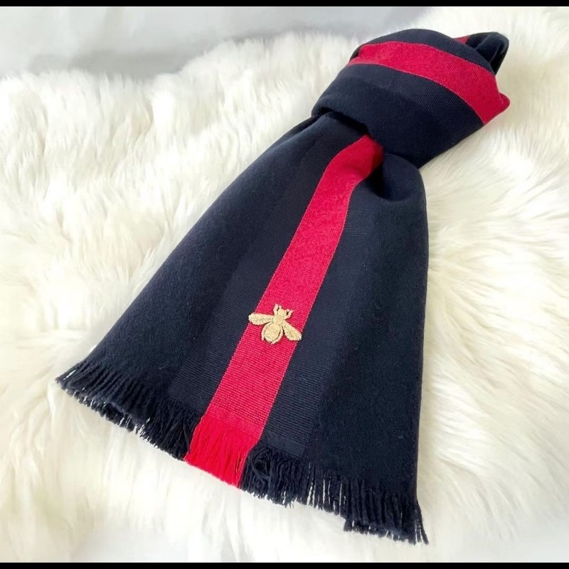 Gucci 深藍色條紋羊毛圍巾 頸巾 男女同款-0