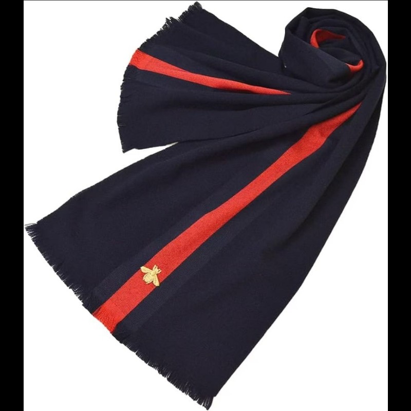 Gucci 深藍色條紋羊毛圍巾 頸巾 男女同款-3