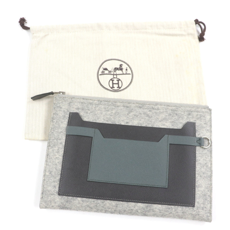 愛馬仕 TOO DOO 29 毛氈和愛普生皮革扁平手拿包/手包，銀色五金配件，灰色，D 字印記，含防塵袋，法國製造-1