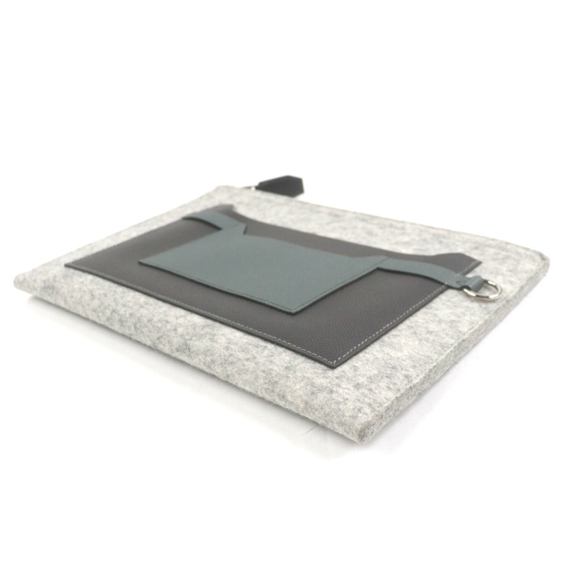 愛馬仕 TOO DOO 29 毛氈和愛普生皮革扁平手拿包/手包，銀色五金配件，灰色，D 字印記，含防塵袋，法國製造-3