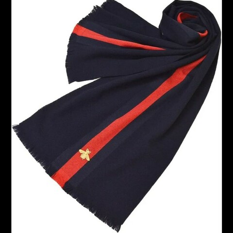 Gucci 深藍色條紋羊毛圍巾 頸巾 男女同款