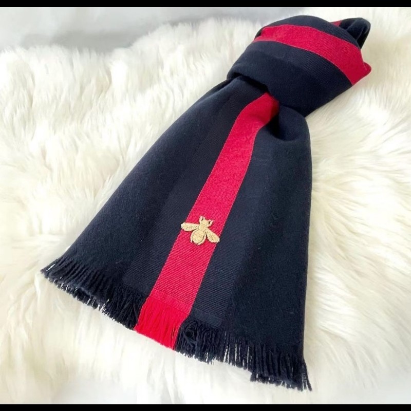 Gucci 深藍色條紋羊毛圍巾 頸巾 男女同款-4