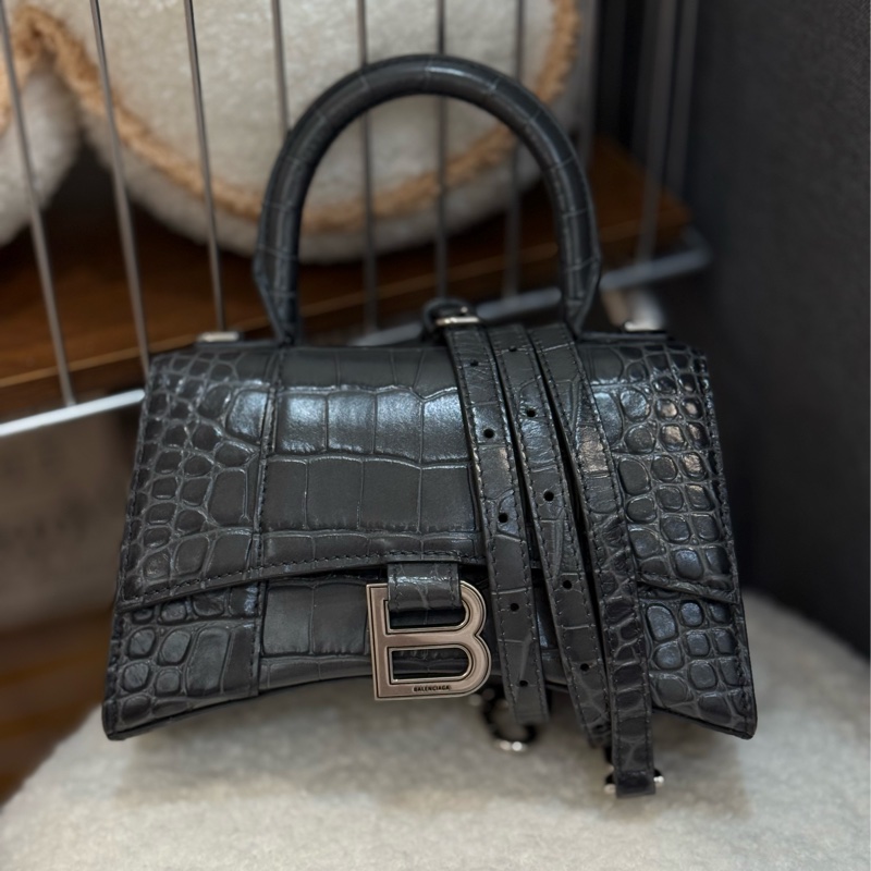 BALENCIAGA Hourglass  鱷魚壓紋沙漏包 XS 黑灰色-0