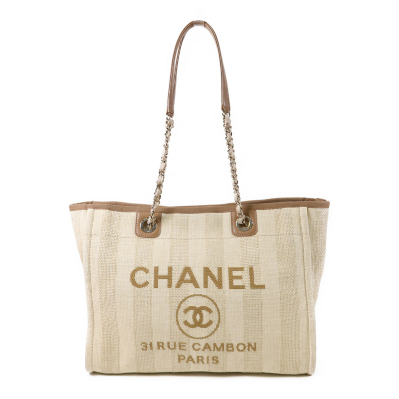 CHANEL 纖維Deauville Tote Bag金扣鏈帶肩背袋-0
