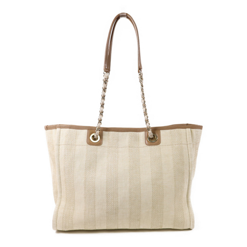 CHANEL 纖維Deauville Tote Bag金扣鏈帶肩背袋-1