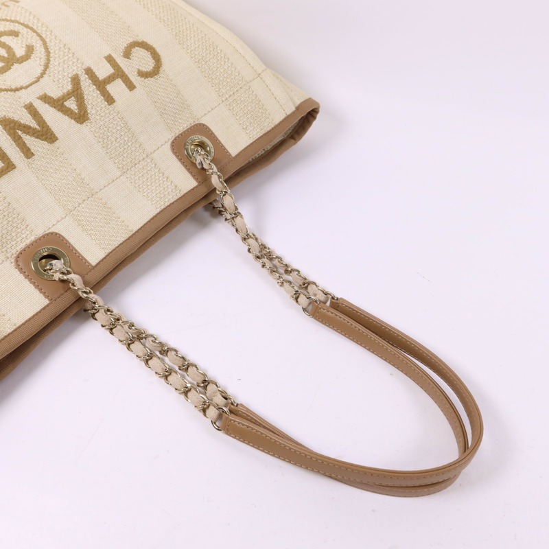 CHANEL 纖維Deauville Tote Bag金扣鏈帶肩背袋-4