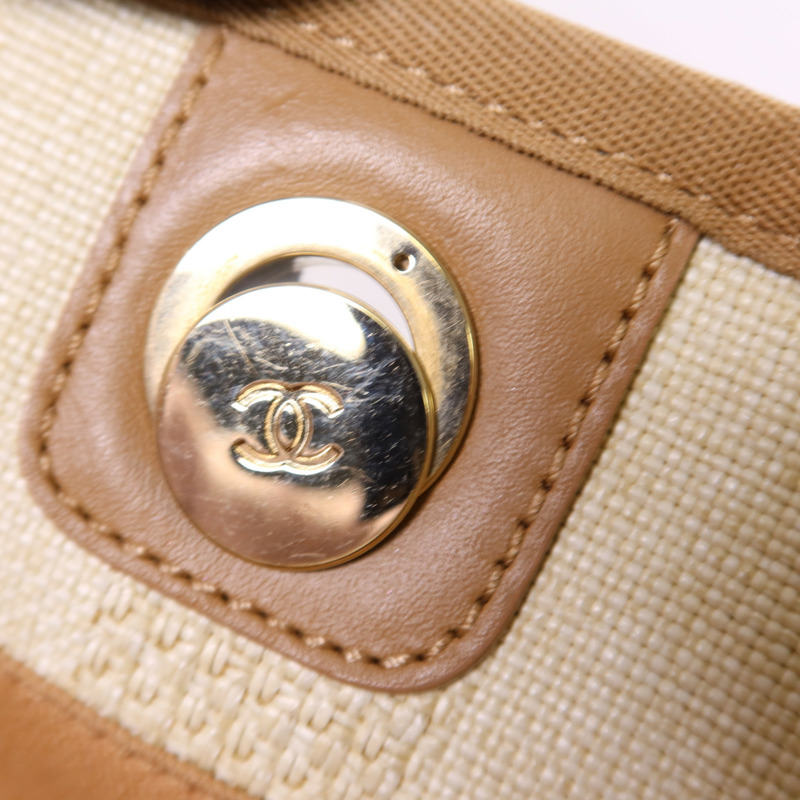 CHANEL 纖維Deauville Tote Bag金扣鏈帶肩背袋-10