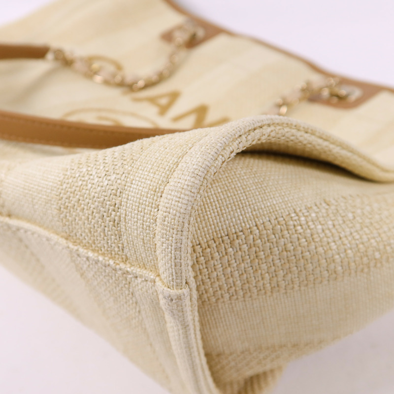 CHANEL 纖維Deauville Tote Bag金扣鏈帶肩背袋-12