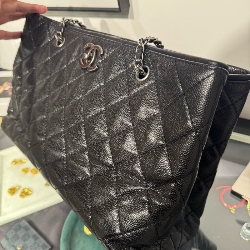 上架中🔑Chanel黑荔枝紋仿舊釦雙鏈托特包-2