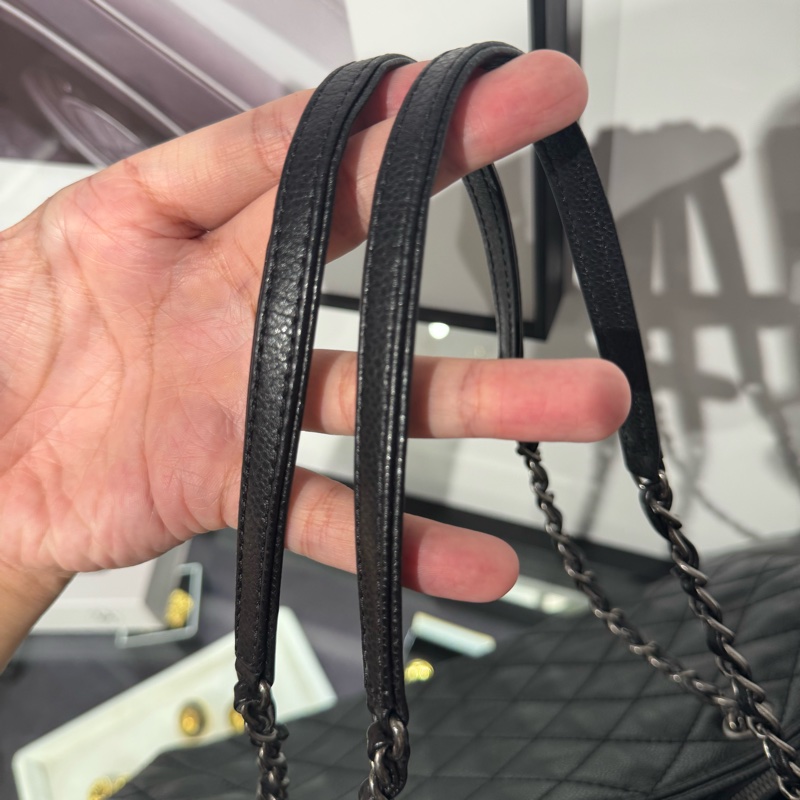 上架中🔑Chanel黑荔枝紋仿舊釦雙鏈托特包-18