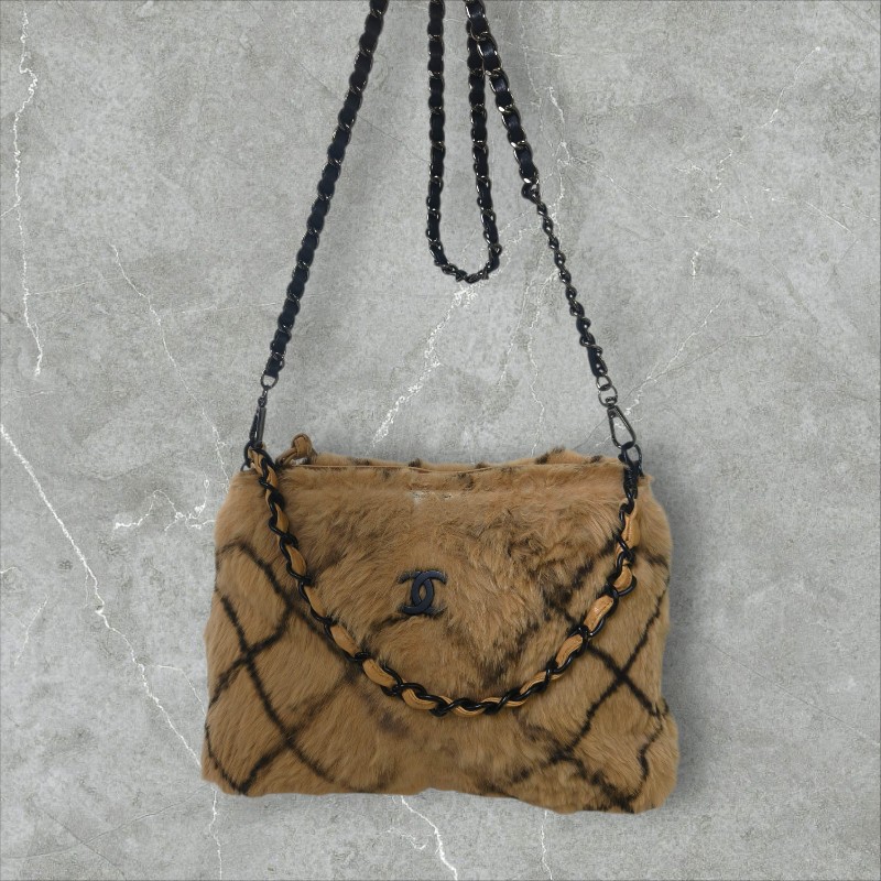 ㊣✨CHANEL✨（贈背帶）香奈兒 老香 小香 奶茶色 毛毛 異材質 稀有 毛毛包 手提包 腋下包 肩背包/二手包/二手精品🌳二手樹屋🌳-33