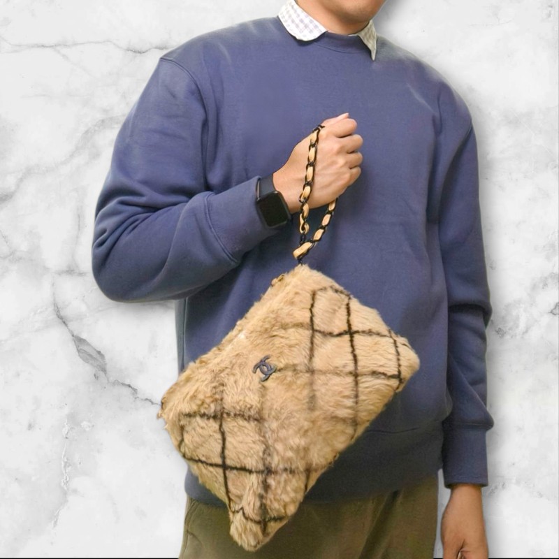 ㊣✨CHANEL✨（贈背帶）香奈兒 老香 小香 奶茶色 毛毛 異材質 稀有 毛毛包 手提包 腋下包 肩背包/二手包/二手精品🌳二手樹屋🌳-34