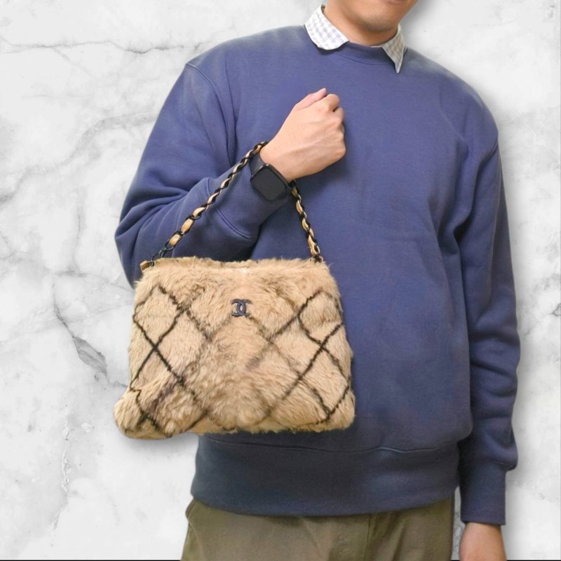 ㊣✨CHANEL✨（贈背帶）香奈兒 老香 小香 奶茶色 毛毛 異材質 稀有 毛毛包 手提包 腋下包 肩背包/二手包/二手精品🌳二手樹屋🌳-35