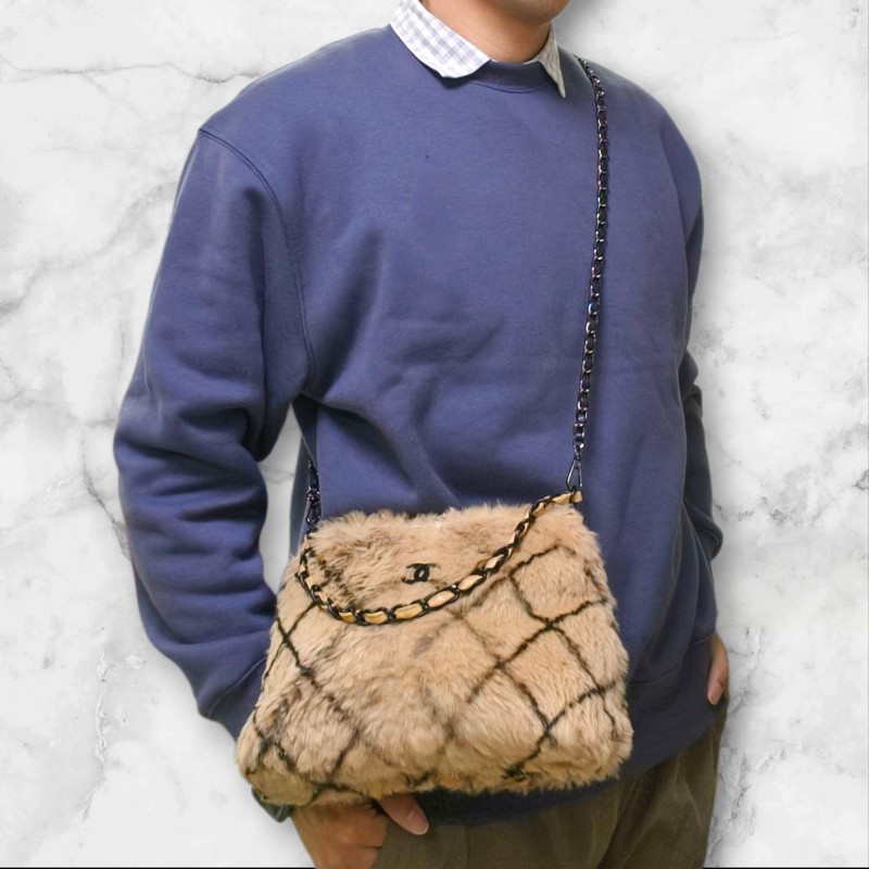 ㊣✨CHANEL✨（贈背帶）香奈兒 老香 小香 奶茶色 毛毛 異材質 稀有 毛毛包 手提包 腋下包 肩背包/二手包/二手精品🌳二手樹屋🌳-37