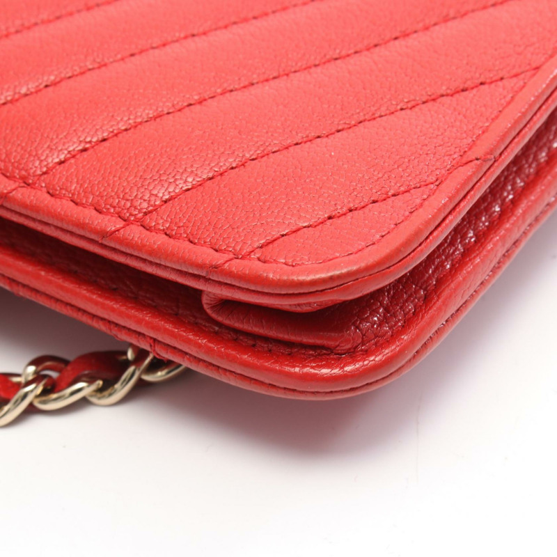 香奈兒 (CHANEL) 人字紋 V 字縫線鏈條單肩背包 AP0250 紅色皮革 二手 女士 GHW CC-6