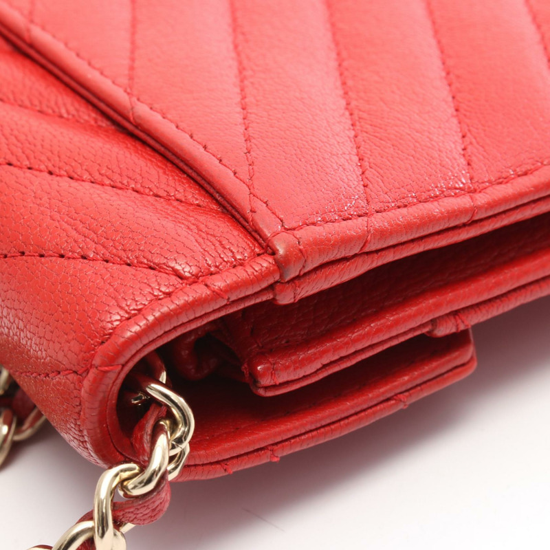 香奈兒 (CHANEL) 人字紋 V 字縫線鏈條單肩背包 AP0250 紅色皮革 二手 女士 GHW CC-7