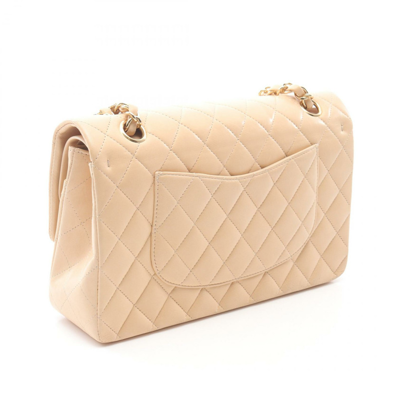 香奈兒 (CHANEL) 絎縫雙蓋鏈條肩背包，羊皮材質，米色，金色五金，二手 CC-1