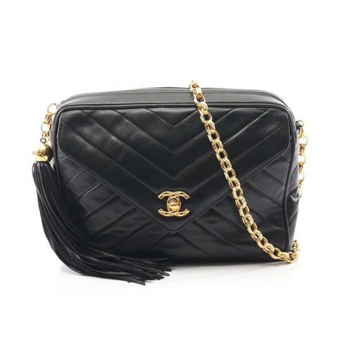 香奈兒 V 字形縫線鏈條單肩背包，羊皮材質，黑色，二手，斜背包，金色五金