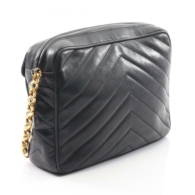 香奈兒 V 字形縫線鏈條單肩背包，羊皮材質，黑色，二手，斜背包，金色五金-1