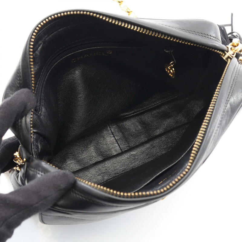 香奈兒 V 字形縫線鏈條單肩背包，羊皮材質，黑色，二手，斜背包，金色五金-2