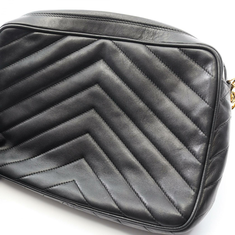 香奈兒 V 字形縫線鏈條單肩背包，羊皮材質，黑色，二手，斜背包，金色五金-7