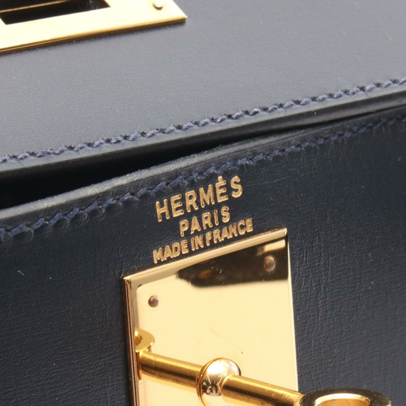 愛馬仕 Kelly 28 單肩手提包，Box 小牛皮，靛藍/海軍藍，二手，金色五金。-3