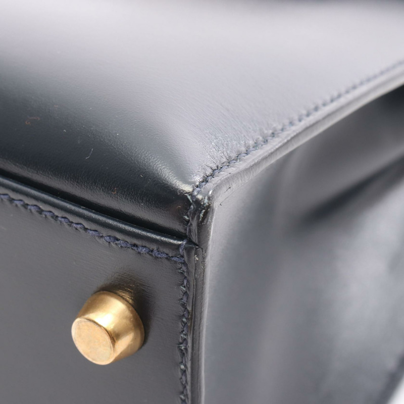 愛馬仕 Kelly 28 單肩手提包，Box 小牛皮，靛藍/海軍藍，二手，金色五金。-7