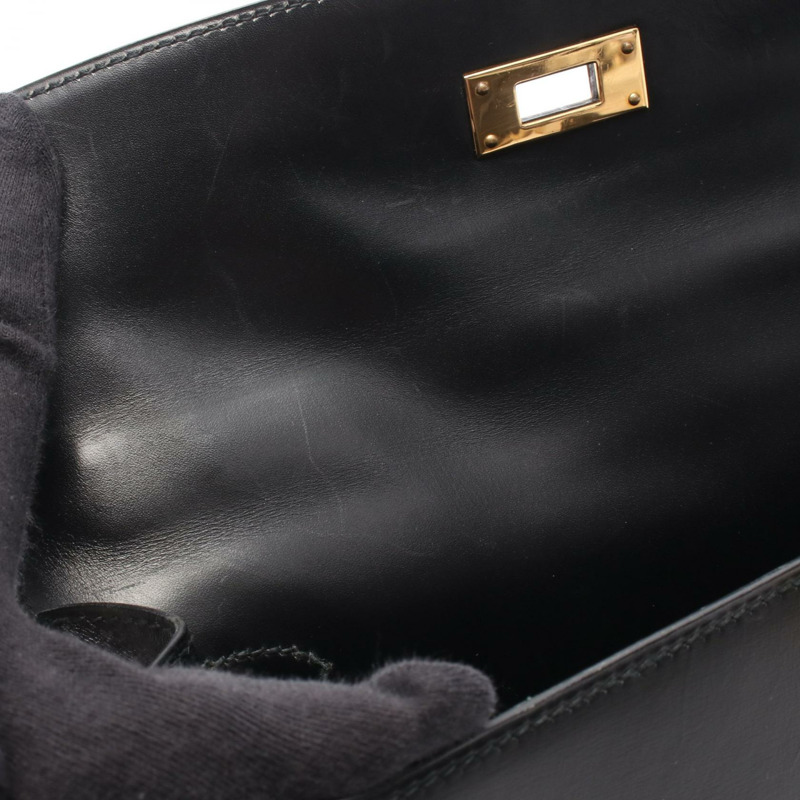愛馬仕 Kelly 28 單肩手提包，Box 小牛皮，黑色，二手，女士，金色五金-6
