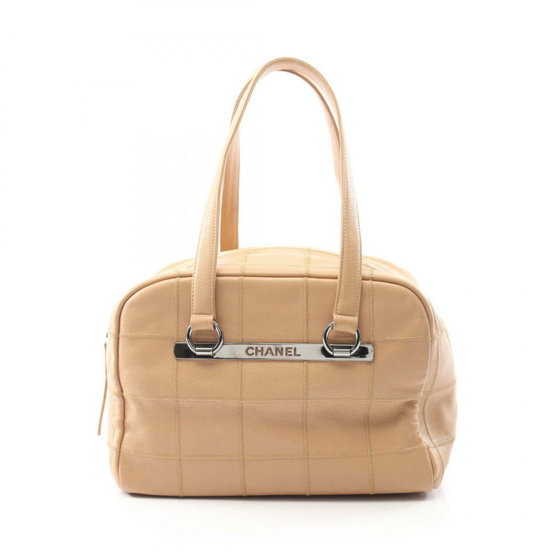 香奈兒巧克力色單肩手提包，粒面小牛皮，米色，二手，女士，帶五金配件-0