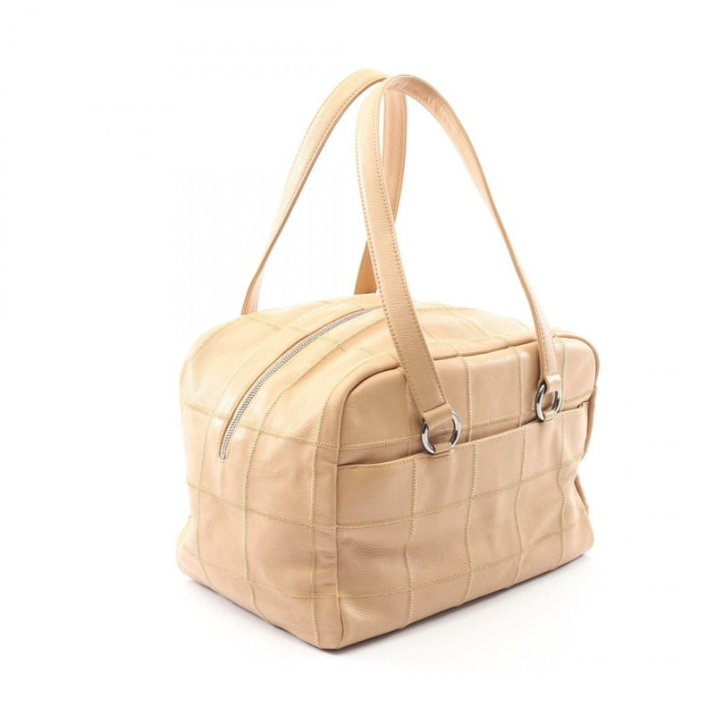 香奈兒巧克力色單肩手提包，粒面小牛皮，米色，二手，女士，帶五金配件-1