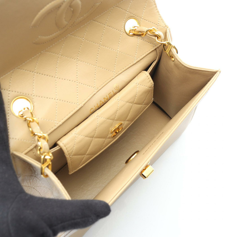 香奈兒 (CHANEL) 絎縫鏈條肩背包，羊皮材質，米色，二手，斜挎包，金色五金-2