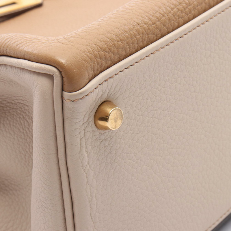 愛馬仕 Kelly 32 三色肩背包,Clemence 皮革,米棕色,二手,金色五金-8