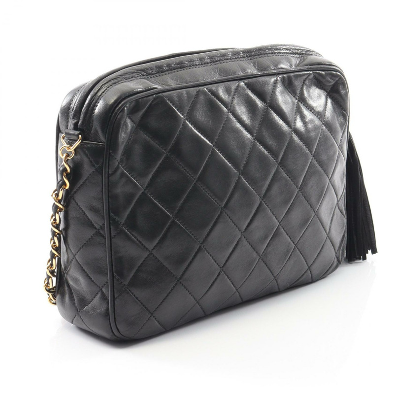 香奈兒 (CHANEL) 絎縫鏈條肩背包，羊皮材質，黑色，二手，斜背包，金色五金-1
