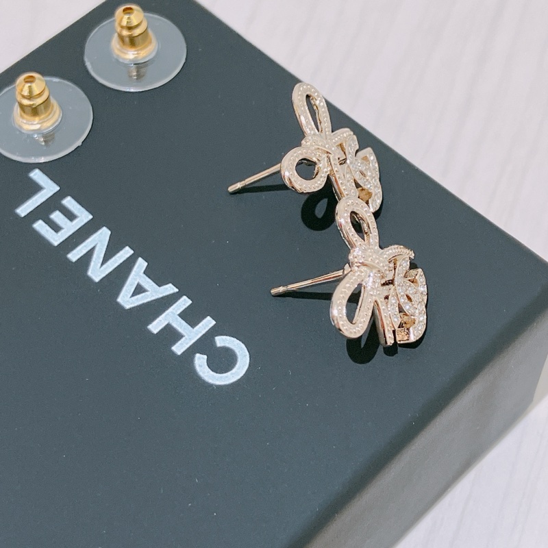 TK1885 Chanel香奈兒金色蝴蝶結雙C Logo耳環 1.4cm Ribbon With CC Logo Crystal X GHW-2